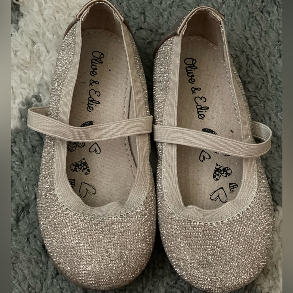 Olive and Edie gold glitter slip ons